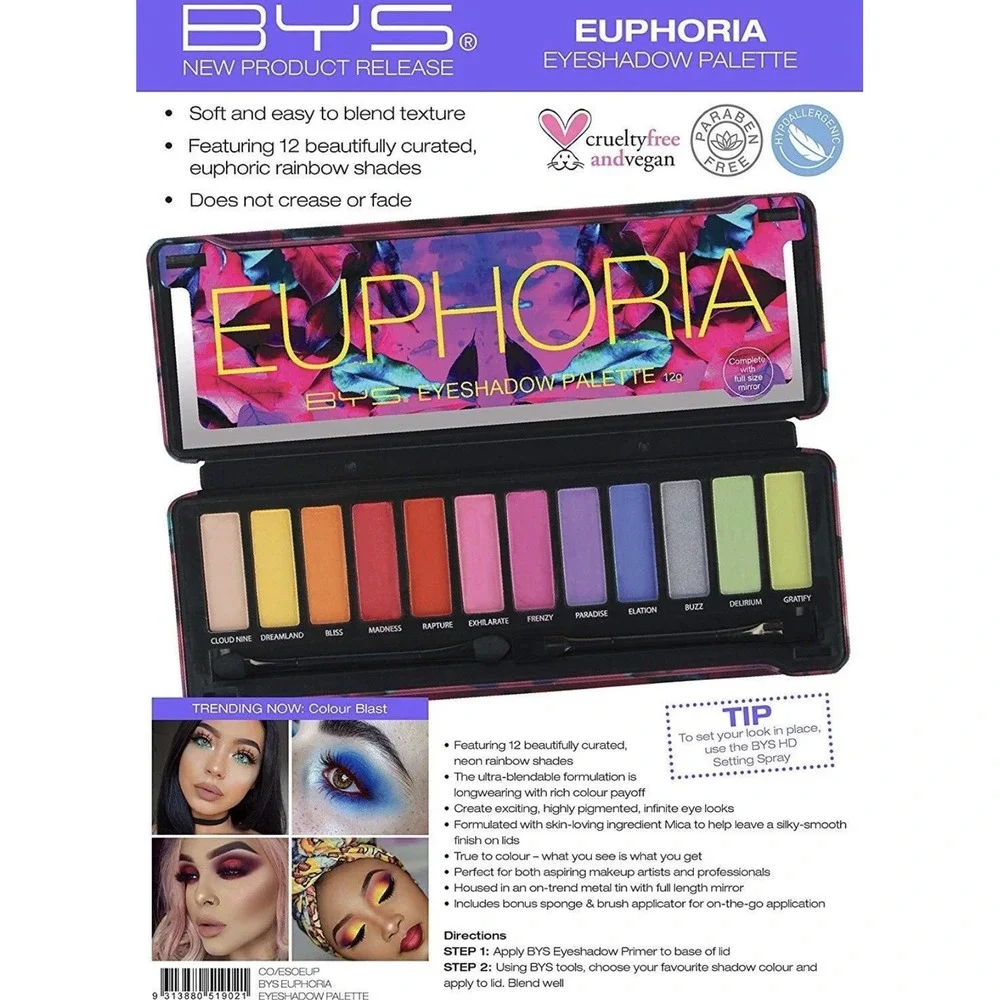 BYS Eyeshadow Palette Tin with Mirror and Applicator 12 Shades (1, Euphoria) NIB